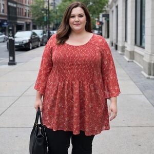 Every Story by Penningtons  Red Floral Smocked Peplum Top Slightly Sheer Blouse